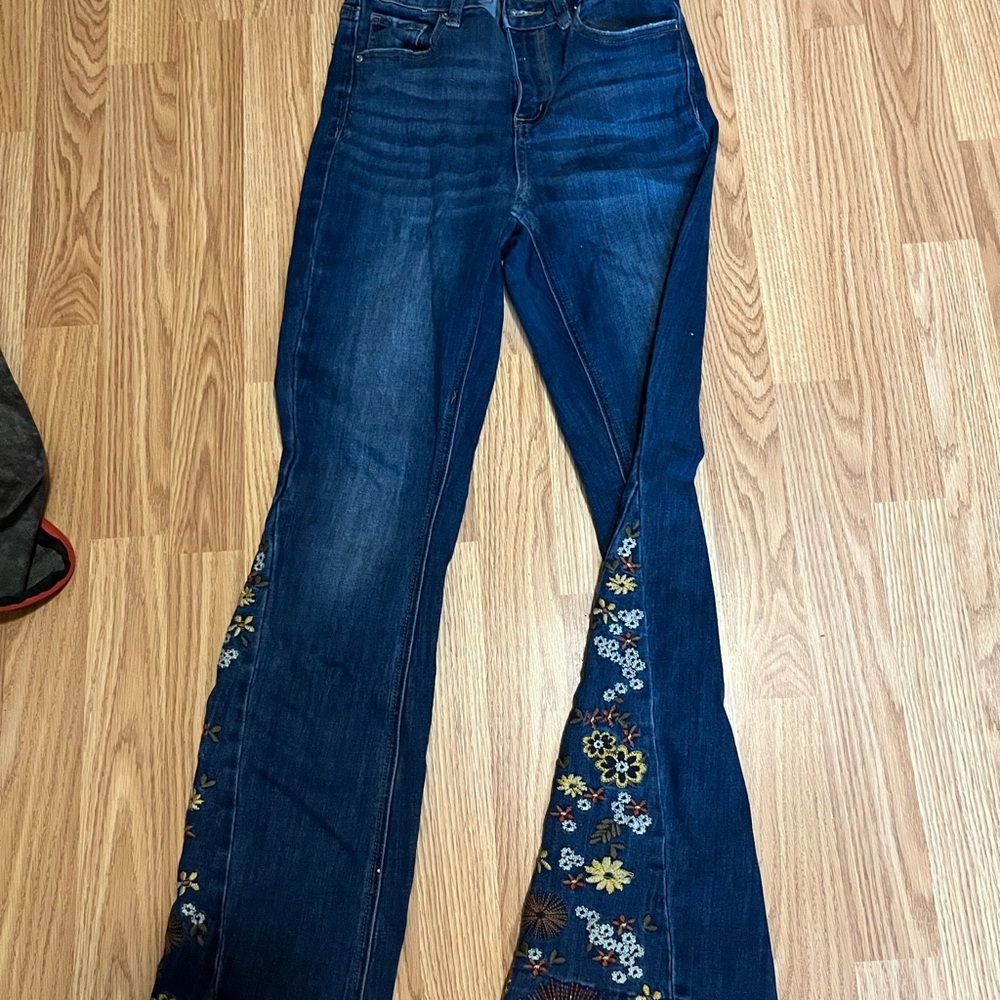 Floral Embroidered Blue Wide Leg Jeans